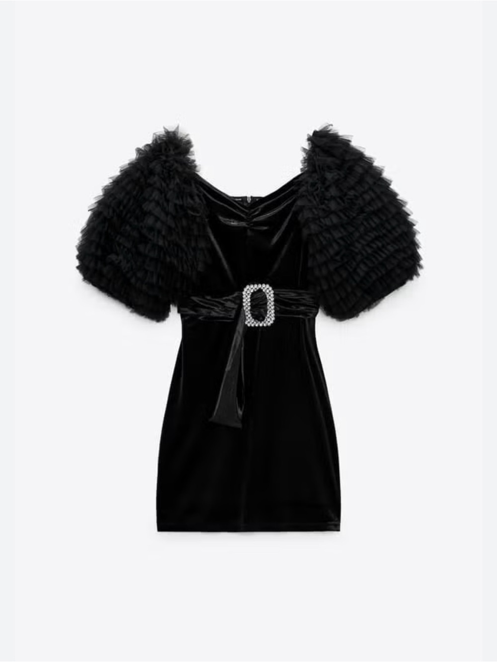 Zara Black Velvet Mini Dress with Puff Sleeves and Rhinestone Buckle